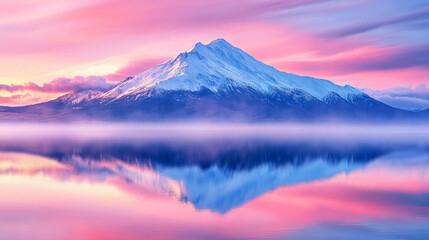 A tranquil mountain lake at sunrise, with clear reflections of snowcapped peaks on the calm water, symbolizing peace, stillness, and the beauty of nature’s untouched landscapes