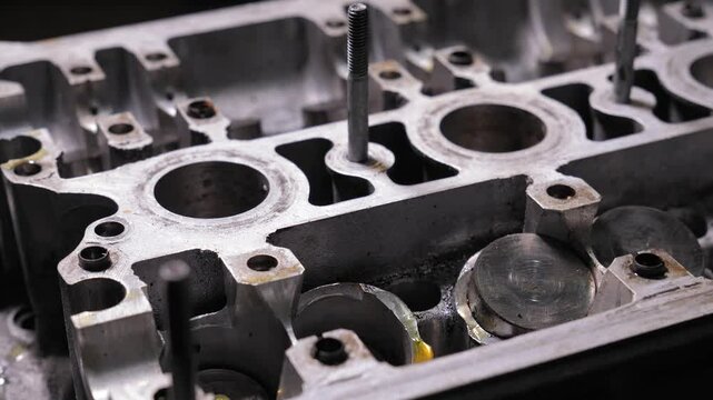 Gloved hands carefully install new hydraulic valve compensators on cylinder head of internal combustion engine,