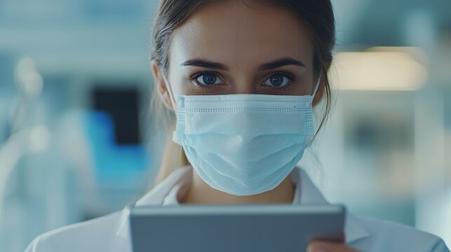 Focused Female Healthcare Professional in Protective Mask Using Tablet