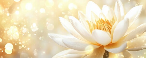 Fototapeta premium Serene white lotus blossom in radiant glow of soft golden light