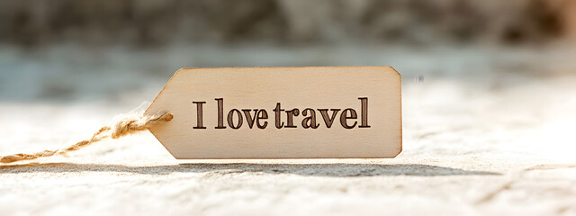 A small wooden label with the words "I love travel" written on it
