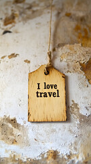 A small wooden label with the words "I love travel" written on it
