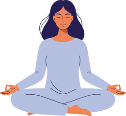 A serene woman meditating in a light blue outfit with peaceful expression in a flat vector illustration design reflecting calmness and mindfulness in a tranquil setting vector art
