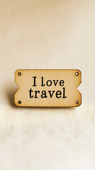 A small wooden label with the words "I love travel" written on it
