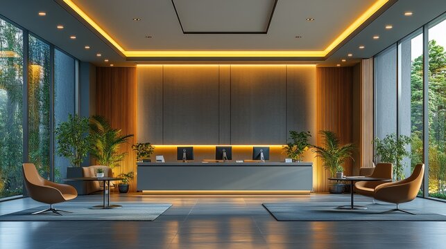 Modern Reception Area with Elegant Lighting and Greenery