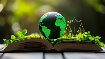 Green Globe Resting on Open Book with Scales of Justice: Concept of Environmental Law and Sustainability