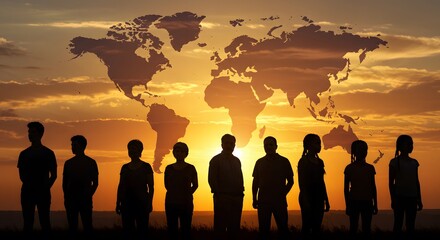 Fototapeta premium Silhouetted Children Standing Before a World Map at Sunset – Global Unity and Future Generations Concept
