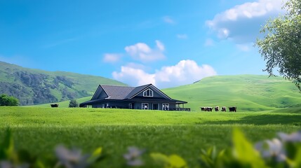 Serene countryside scene featuring a black house surrounded by lush green hills and grazing cows