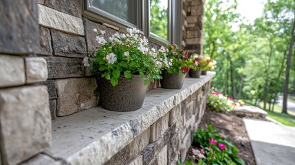 Naklejka premium Stone house window flowers summer garden landscape design