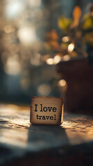 A small wooden label with the words "I love travel" written on it
