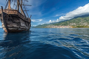 Obraz premium Gekentertes Piratenschiff als altes Bootswrack auf dem Wasser, Saint Martin, Karibik