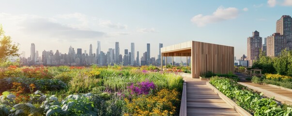 Fototapeta premium Rooftop garden overlooking urban cityscape with wooden deck and colorful flowers