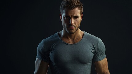 Naklejka premium Intense Portrait of a Muscular Man with a Serious Expression Against a Dark Background