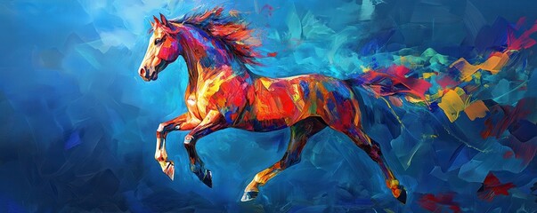 Vibrant abstract painting of galloping horse on dynamic blue background
