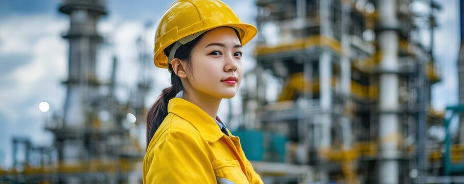 Young female engineer in yellow safety gear at industrial plant