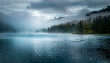 Fototapeta premium landscape of foggy lake with overcast sky and dark scenery at the morning, mysterious lake background and wallpaper