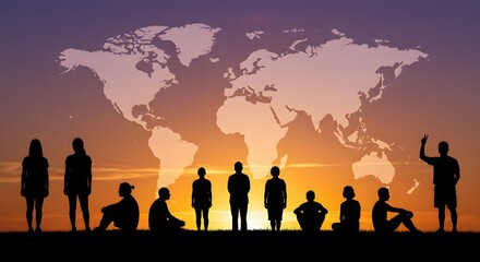 Fototapeta premium Silhouetted Children Standing Before a World Map at Sunset – Global Unity and Future Generations Concept
