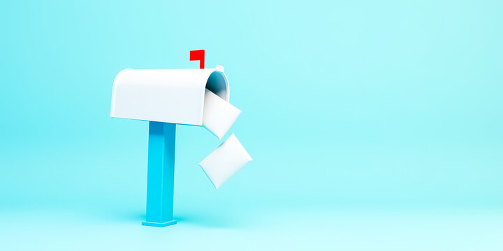 white envelopes emerging from a light blue mailbox