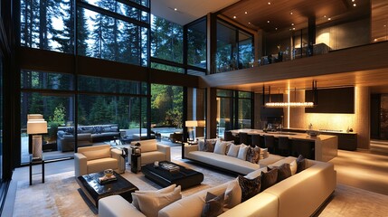 Luxurious Modern Home Interior with Forest Views Spacious open plan living area features large windows, comfortable furniture, and elegant decor, creating a serene and inviting atmosphere.