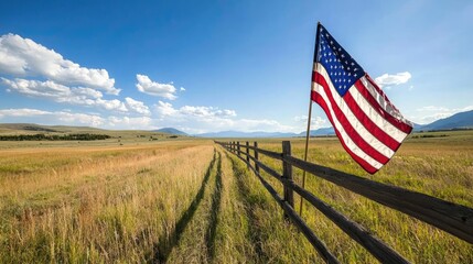 American Flag on Rural Fence, Scenic Landscape
