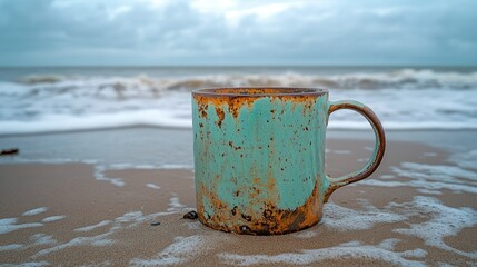 Rusty teal mug on beach shore with ocean waves