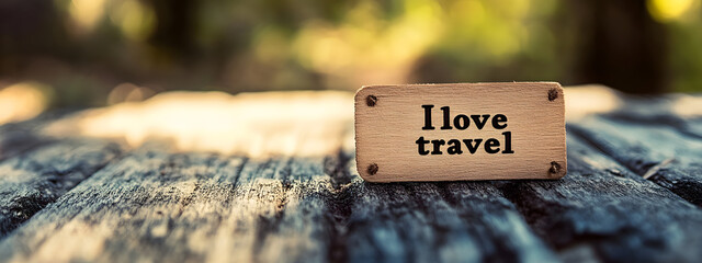 A small wooden label with the words "I love travel" written on it
