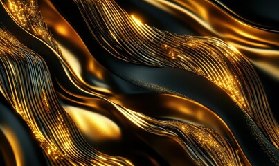 Abstract artistic composition of glowing golden lines intertwining against a sleek black background, creating a luxurious and dynamic design