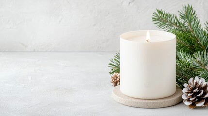 White candle with pine branches on a light gray surface