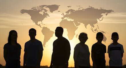Fototapeta premium Silhouetted Children Standing Before a World Map at Sunset – Global Unity and Future Generations Concept