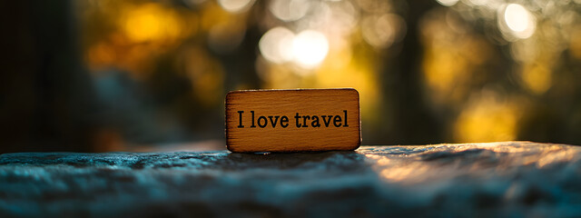 A small wooden label with the words "I love travel" written on it
