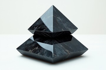 Two stacked black marble pyramids, geometric, modern art sculpture.