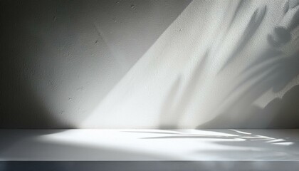 backdrop white podium display for product interior room with sunlight and shadows on white concrete wall surface