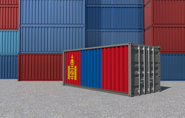 Fototapeta premium Mongolia Flag on a shipping container in a container yard - 3D Illustration