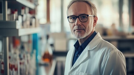 Fototapeta premium A middle aged male scientist in a lab coat, stands confidently in a laboratory filled with scientific equipment, showcasing a blend of expertise and focus.