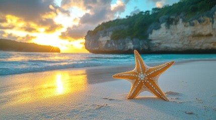 Fototapeta na wymiar Starfish on tropical beach at sunset