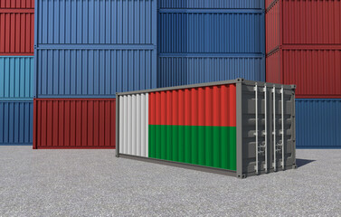 Fototapeta premium Madagascar Flag on a shipping container in a container yard - 3D Illustration