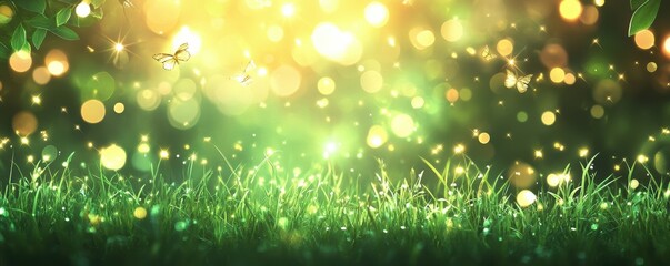 Fototapeta premium Enchanting spring meadow with glowing butterflies and sunlit grass