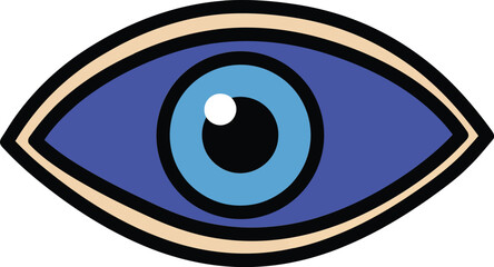 Stylized blue eye with bold outlines in a flat design style, showcasing simple shapes and vibrant colors in vector art
