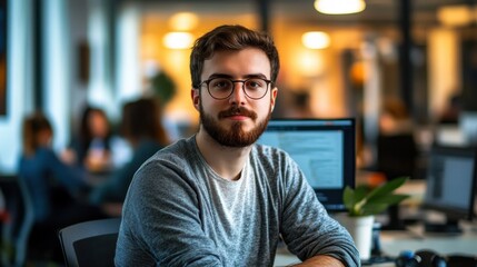 A young male software developer poses confidently at his office desk, showcasing his creative workspace while wearing glasses and a casual sweater.