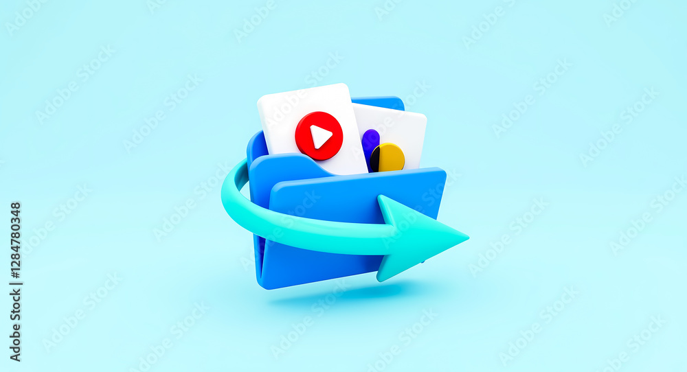 Poster animated 3d folder representing data transfer and file sharing