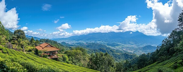 Scenic mountain view with tea plantation and traditional asian house