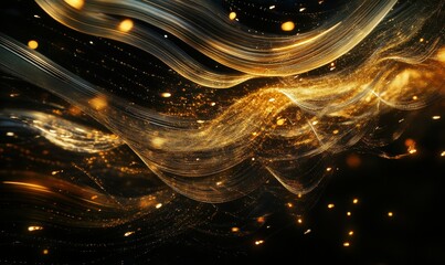 Abstract flowing golden light trails scattered dynamically on a dark background illuminated by dramatic lighting creating a festive and futuristic design