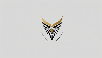 Striking owl emblem design with golden accents, ideal for logos. Its minimalist style and sharp lines create a bold, memorable image.