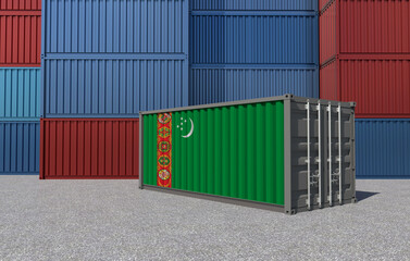Fototapeta premium Turkmenistan Flag on a shipping container in a container yard - 3D Illustration