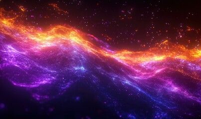 Fototapeta premium Abstract glowing light beams forming a cosmic wave of vibrant purples, oranges, and blues against a black backdrop
