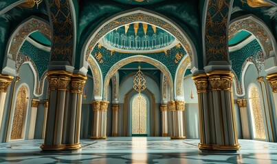 A lavishly designed Islamic interior with a teal ceiling, gold columns, and intricate archways.