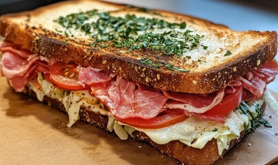 A scrumptious sandwich loaded with meat, cheese, tomatoes, and lettuce.