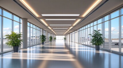 Obraz premium Modern Airport Corridor with Natural Light and Airplane Views