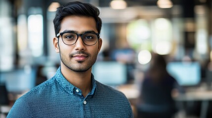 Obraz premium A young South Asian male software engineer poses confidently in a modern office setting. The portrait captures his professionalism and commitment to technology and innovation.
