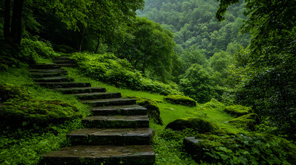 Stone steps descend into lush green mountain forest